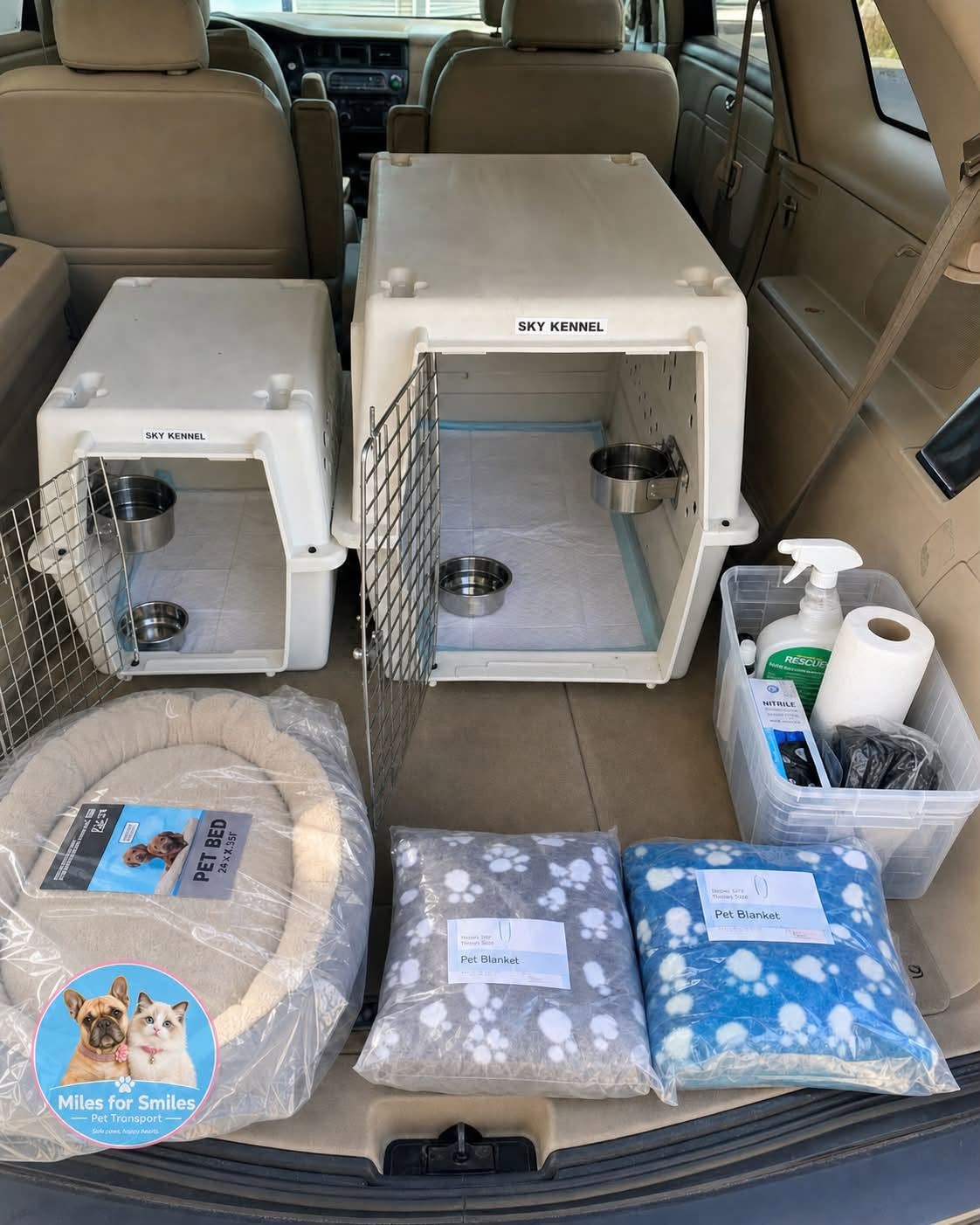 Clean Sky Kennel travel crates, fresh pet bed, paw-print blankets and sanitizing supplies loaded in the Miles For Smiles vehicle